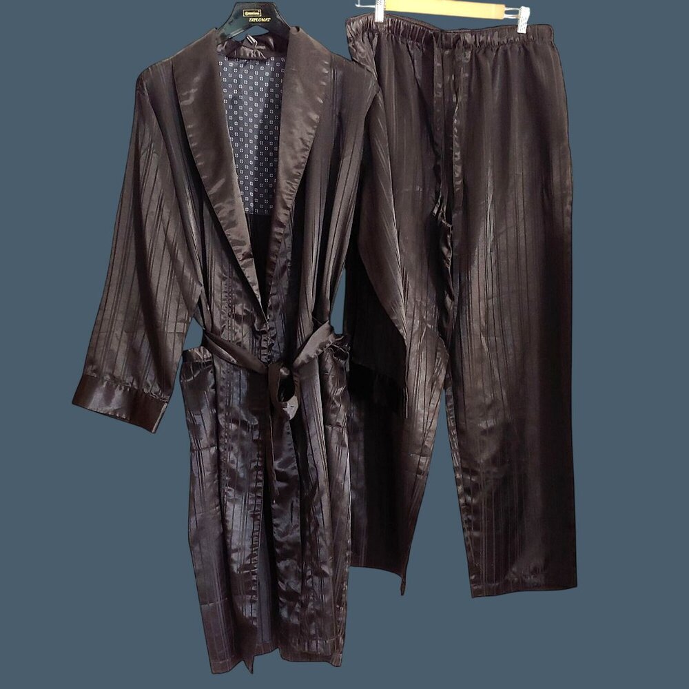 Claiborne Unisex Long Robe Pants Set Black Silky Loungewear Travel Luxury OS